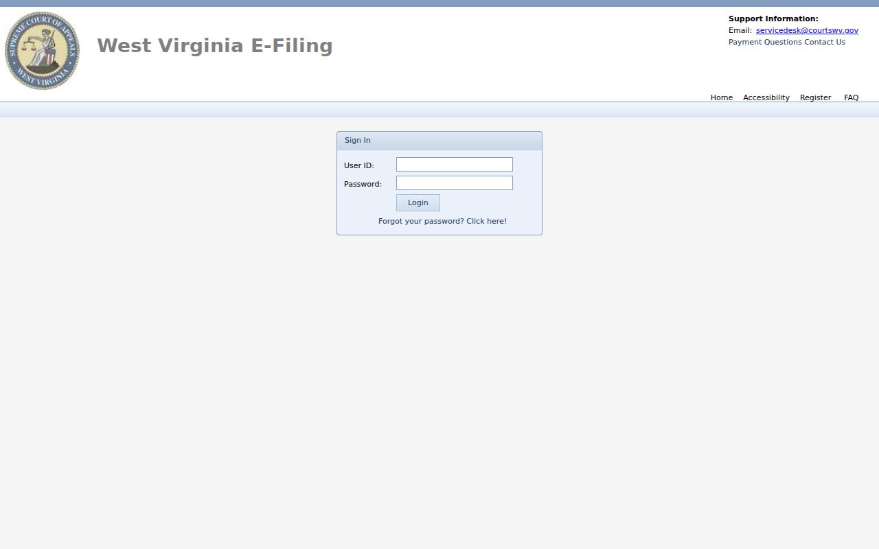 Monongalia County civil docket WV E-File login screen
